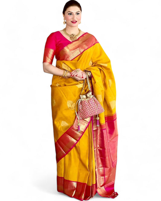 Yellow lichi silk rich pallu jacquard work ceremonial saree