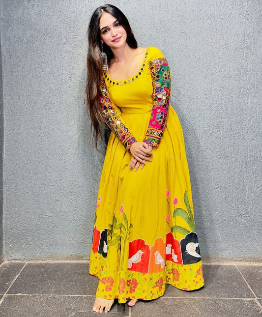 Yellow rayon navratri garba special anarkali suit