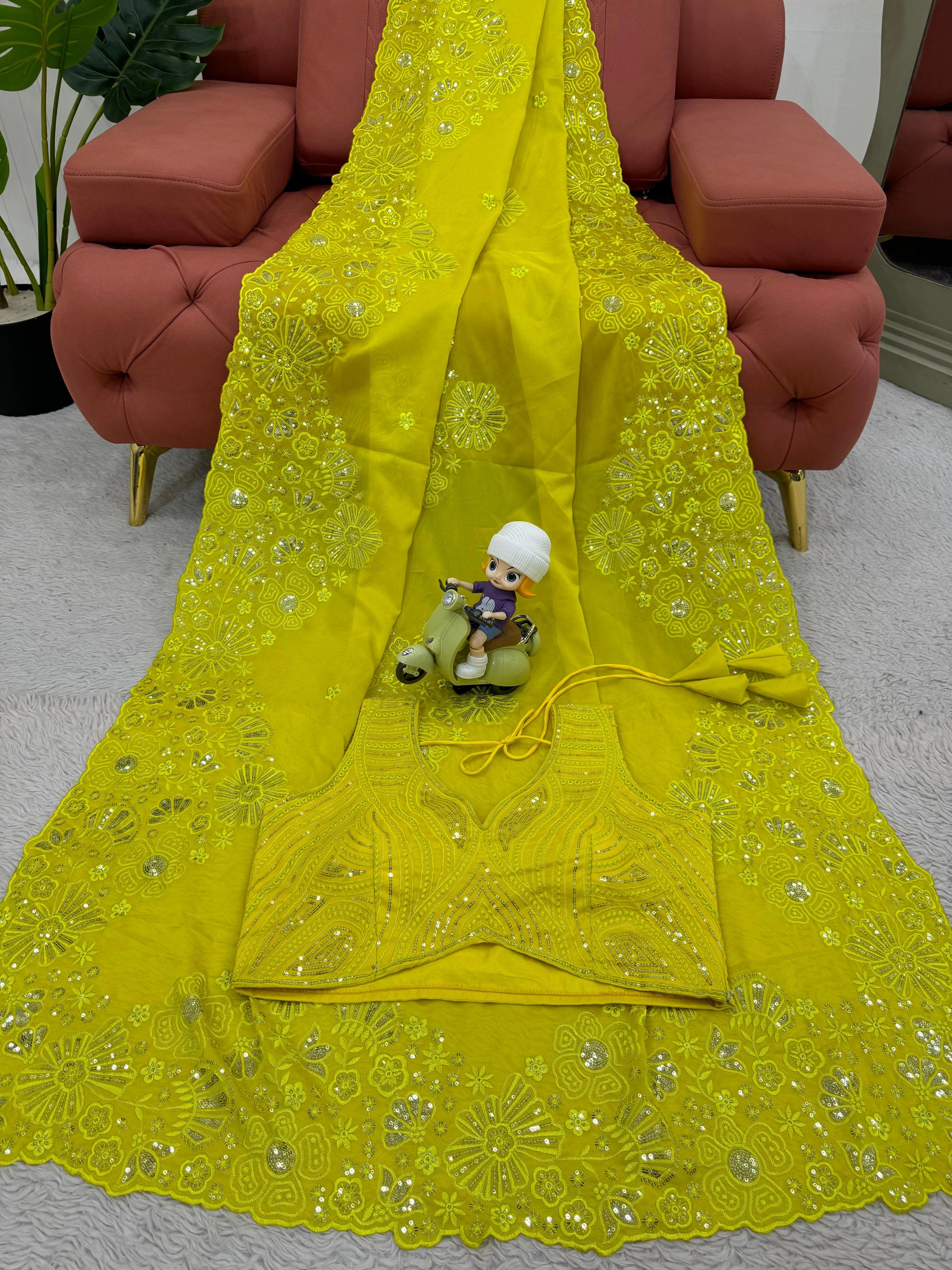 Yellow tibby silk heavy work designer ceremonial bollywood saree