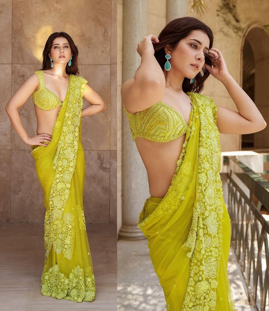 Yellow tibby silk heavy work designer ceremonial bollywood saree