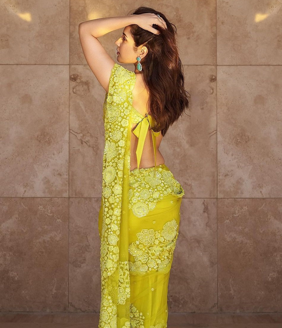 Yellow tibby silk heavy work designer ceremonial bollywood saree