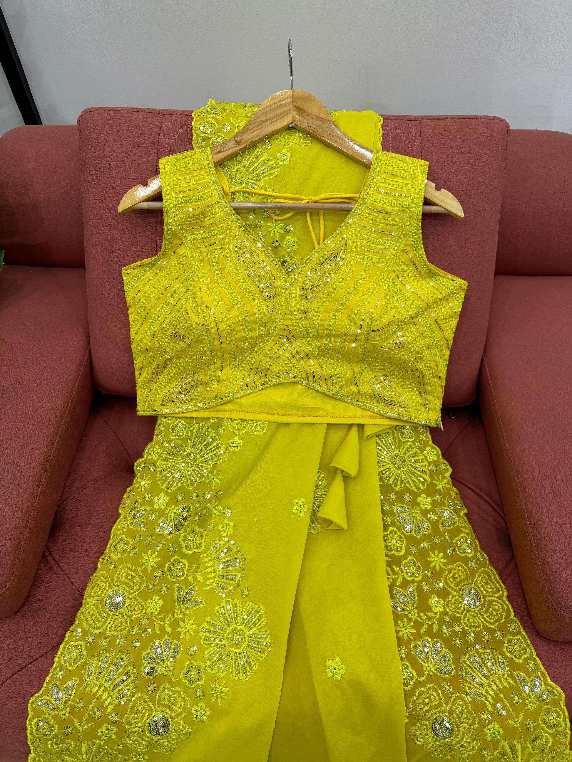 Yellow tibby silk heavy work designer ceremonial bollywood saree