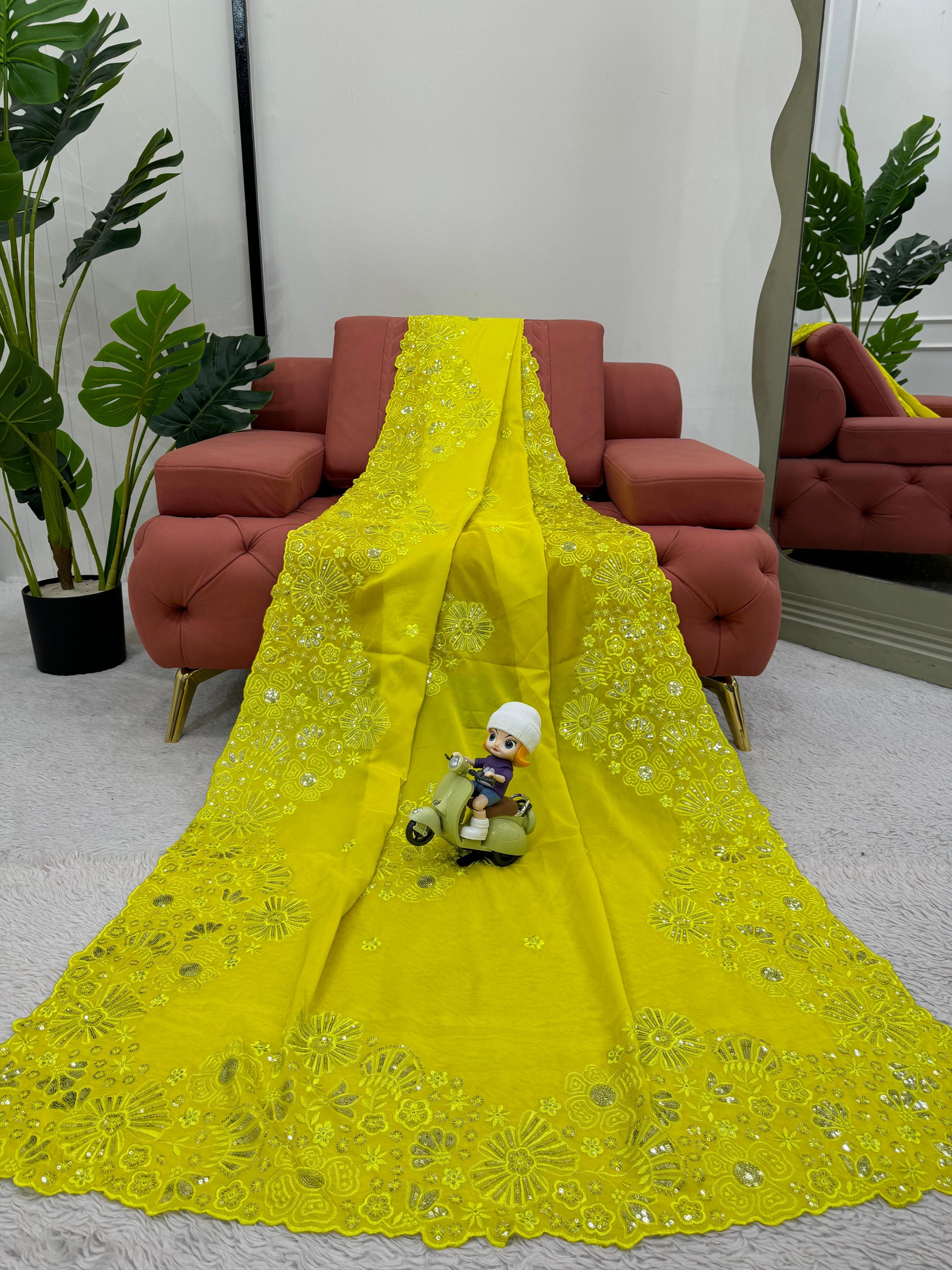Yellow tibby silk heavy work designer ceremonial bollywood saree