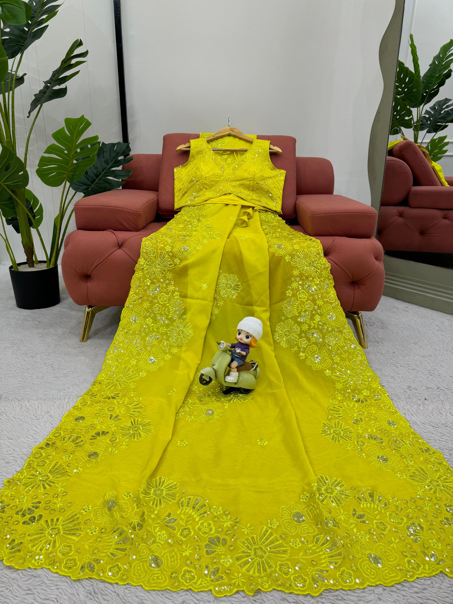 Yellow tibby silk heavy work designer ceremonial bollywood saree