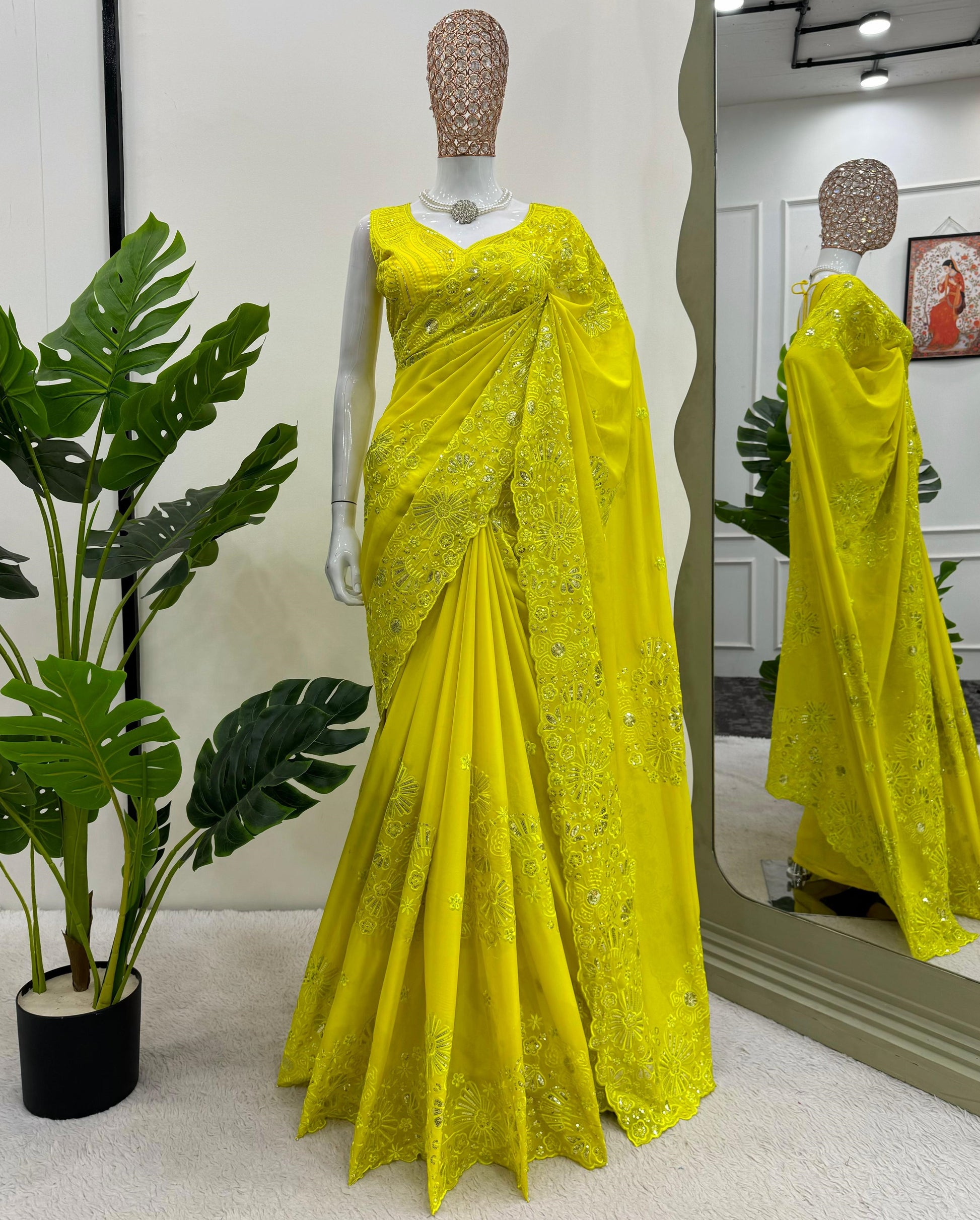 Yellow tibby silk heavy work designer ceremonial bollywood saree