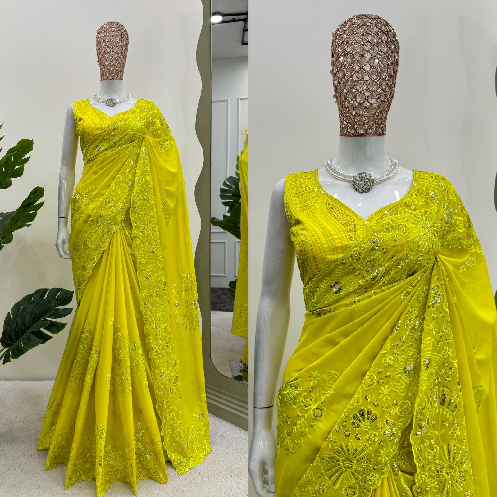 Yellow tibby silk heavy work designer ceremonial bollywood saree
