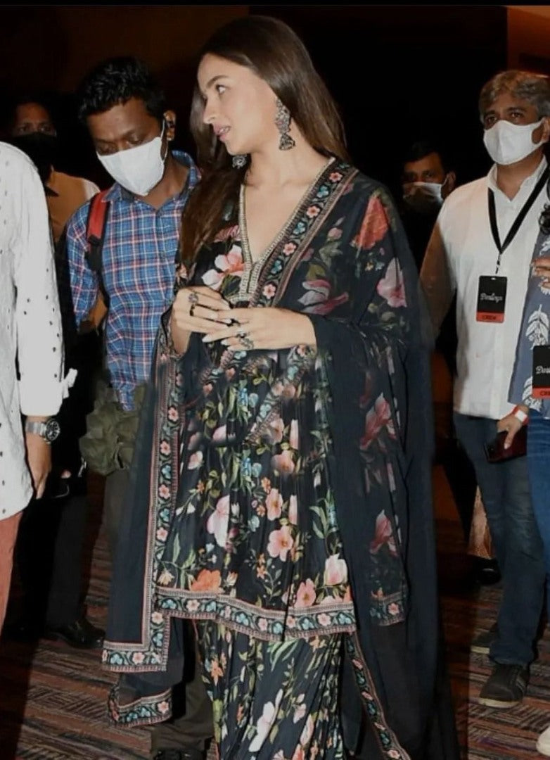 Alia bhatt black floral digital print party wear sharara suit