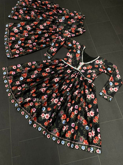 Alia bhatt black floral digital print party wear sharara suit
