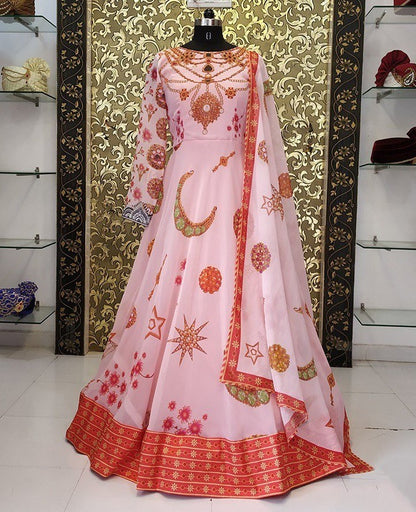 Alia bhatt light baby pink georgette digital printed long gown with dupatta