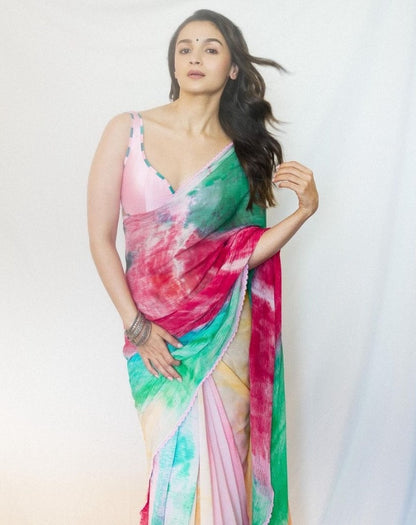 Alia bhatt multicolor georgette printed designer bollywood saree