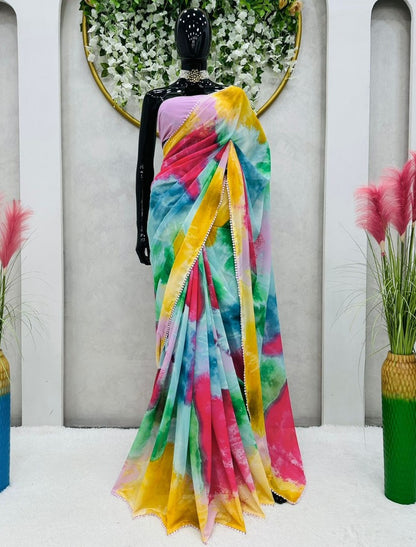 Alia bhatt multicolor georgette printed designer bollywood saree