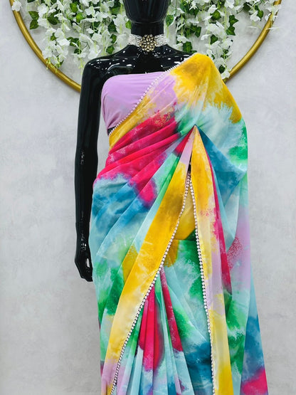 Alia bhatt multicolor georgette printed designer bollywood saree