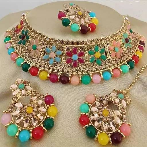 Alloy gold plated multicolor cubic zircon chocker set