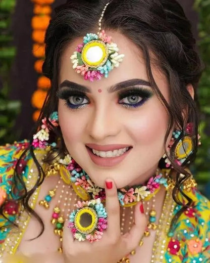 Alloy multicolor flowers and pearls bridal jewellery for mehndi and haldi ceremony