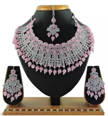 Alloy rhodium plated pink pearl and stones diamond Jewellery set