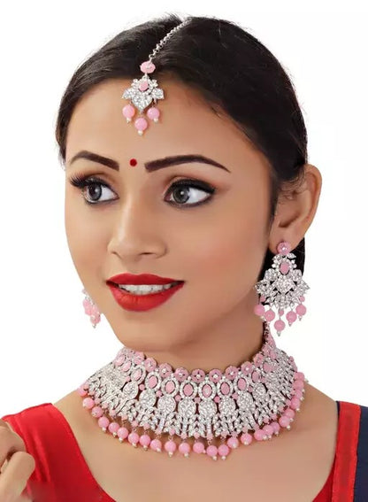 Alloy rhodium plated pink pearl and stones diamond Jewellery set