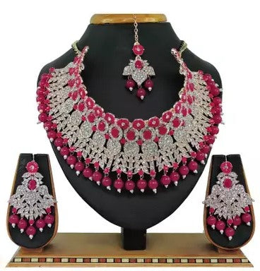 Alloy rhodium plated pink pearl and stones diamond Jewellery set
