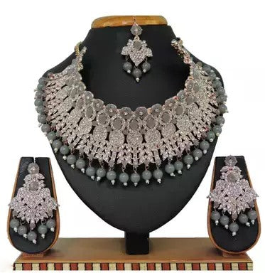Alloy rhodium plated pink pearl and stones diamond Jewellery set