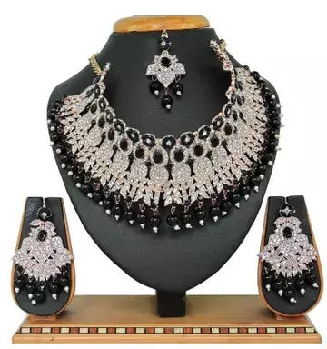 Alloy rhodium plated pink pearl and stones diamond Jewellery set