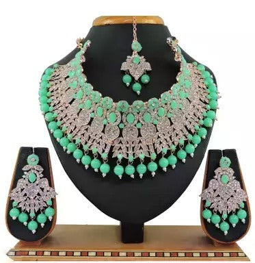 Alloy rhodium plated pink pearl and stones diamond Jewellery set