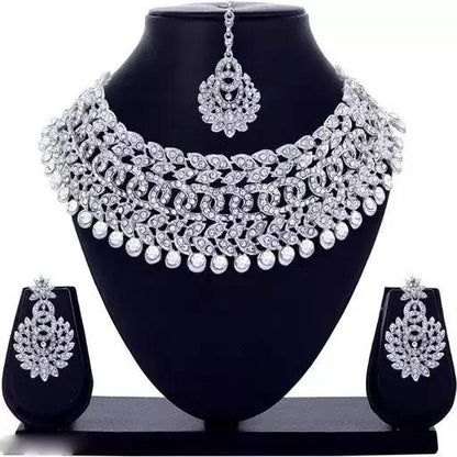 Alloy silver plated american diamond necklace with earrings and maangtika