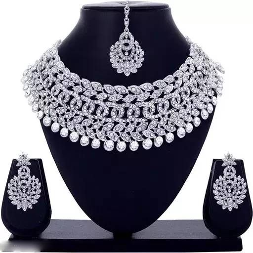 Alloy silver plated american diamond necklace with earrings and maangtika