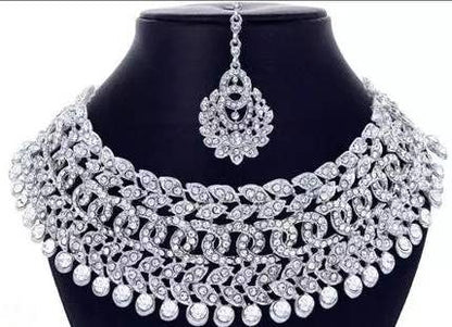 Alloy silver plated american diamond necklace with earrings and maangtika