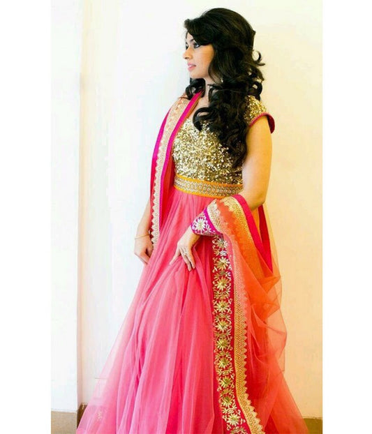 Angel embroidered pink wedding anarkali suit