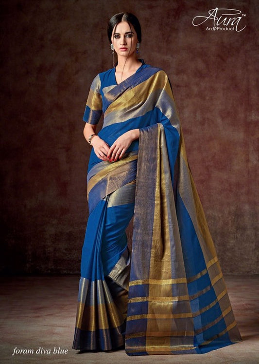 Aura Cotton silk blue and gold saree