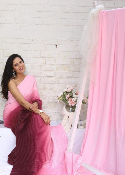 Baby pink and maroon georgette pleated saree