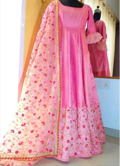 Baby pink banglory satin embroidered long gown with dupatta