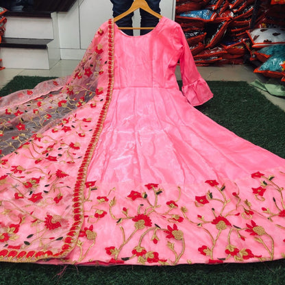 Baby pink banglory satin embroidered long gown with dupatta