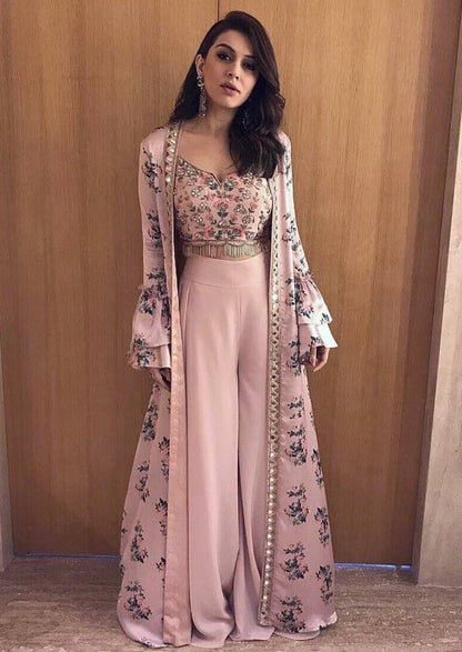 baby pink bollywood style plazzo salwar suit with printed shrug