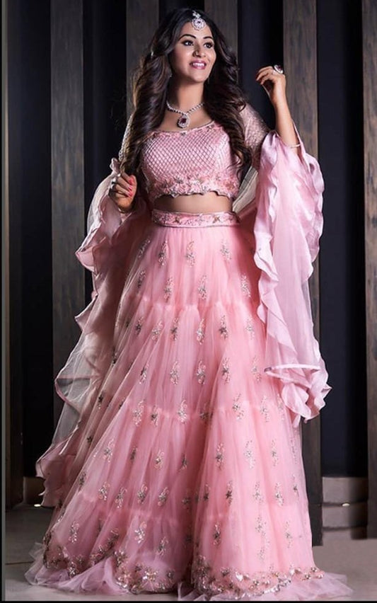 Baby pink butter fly mono net satin silk sequence ceremonial lehenga choli