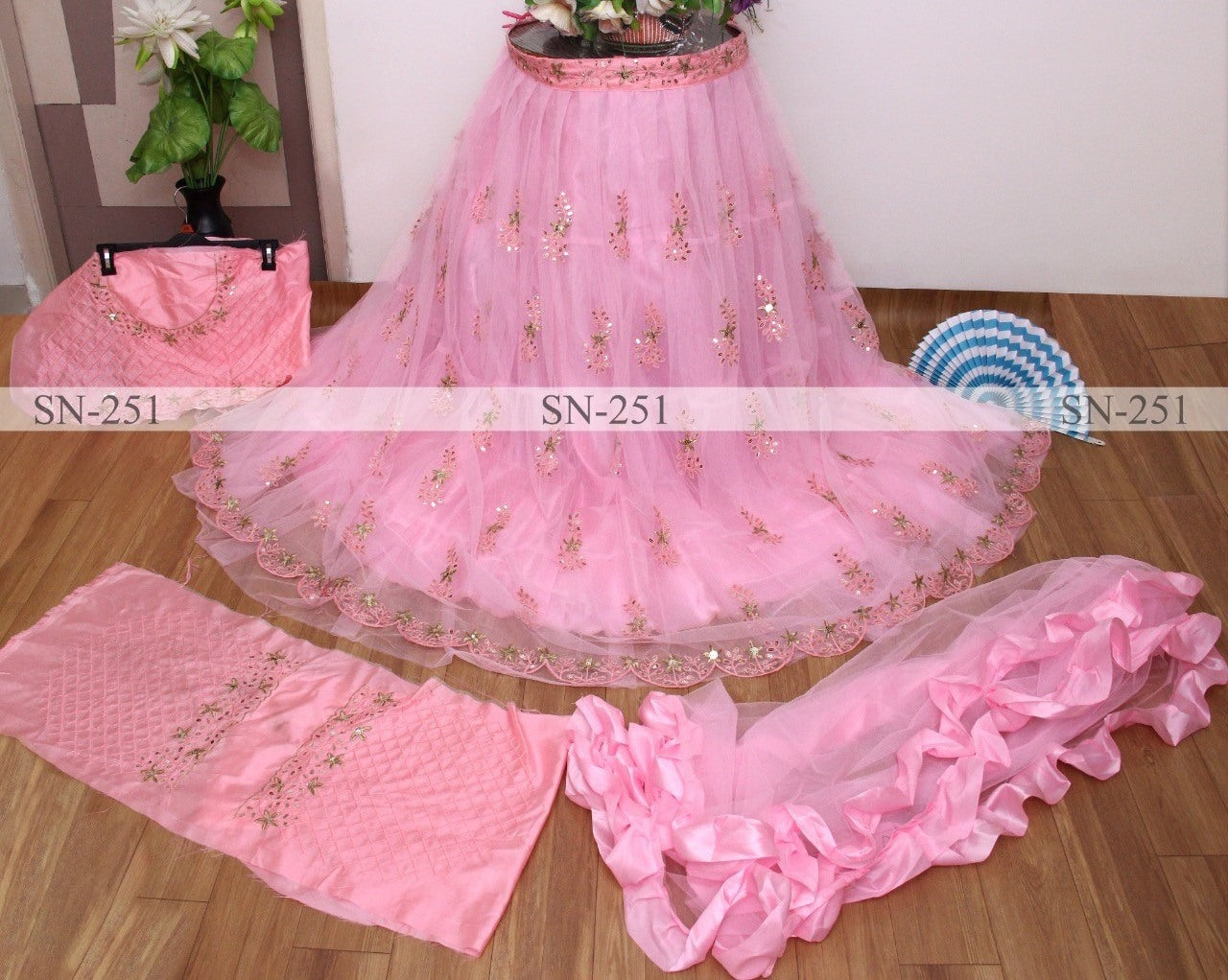 Baby pink butter fly mono net satin silk sequence ceremonial lehenga choli