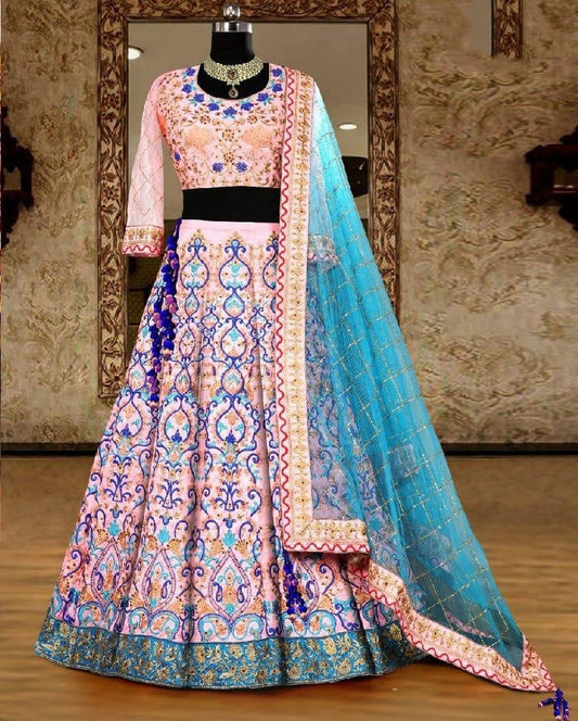 Baby pink butter silk heavy multicolor threadwork wedding lehenga