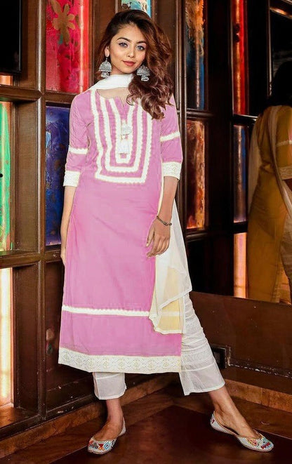 Baby pink cambric cotton chicken work lace kurtis
