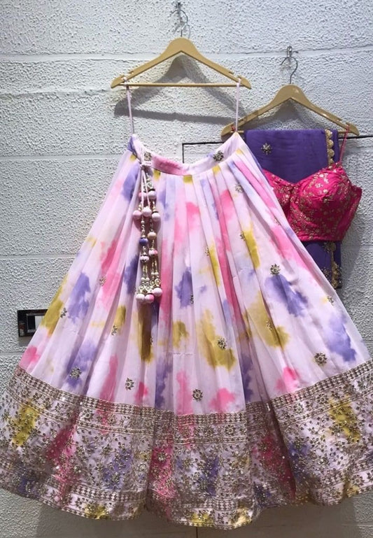 Baby pink chinon silk shibori printed embroidered lehenga choli