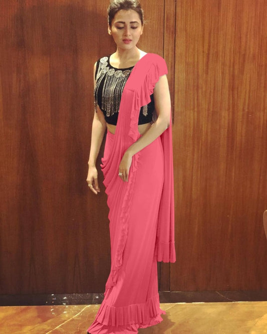 Baby pink crepe silk designer ruffle saree with handwork blouse