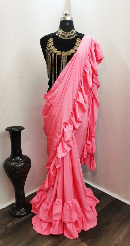 Baby pink crepe silk designer ruffle saree with handwork blouse