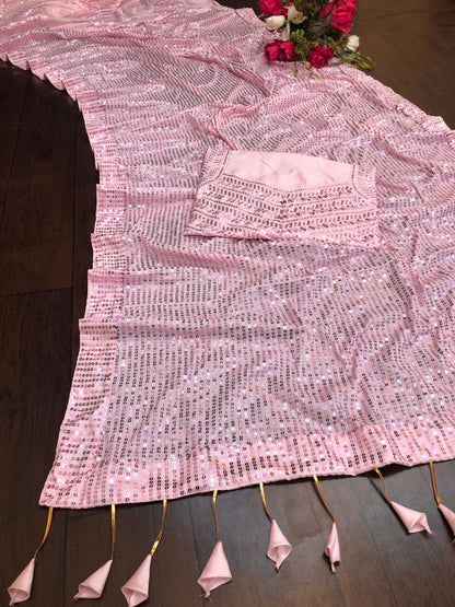 Baby pink crepe silk heavy sequence work saree