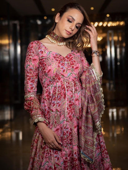 Baby pink digital printed and gota patti anarkali suit