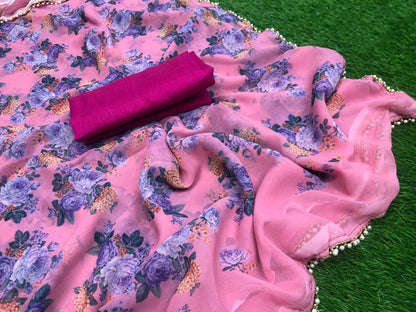 Baby pink digital printed casual wear saree