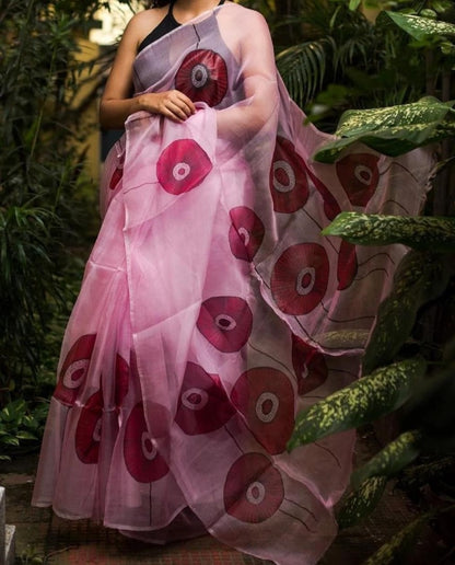 Baby pink digital printed organza saree