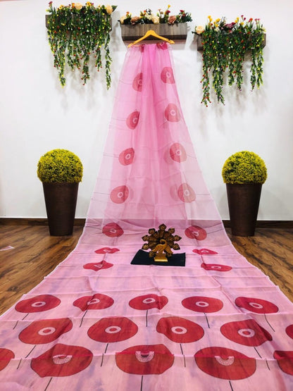 Baby pink digital printed organza saree