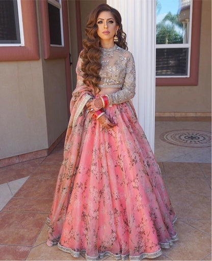 Baby pink digital printed organza silk ceremonial lehenga