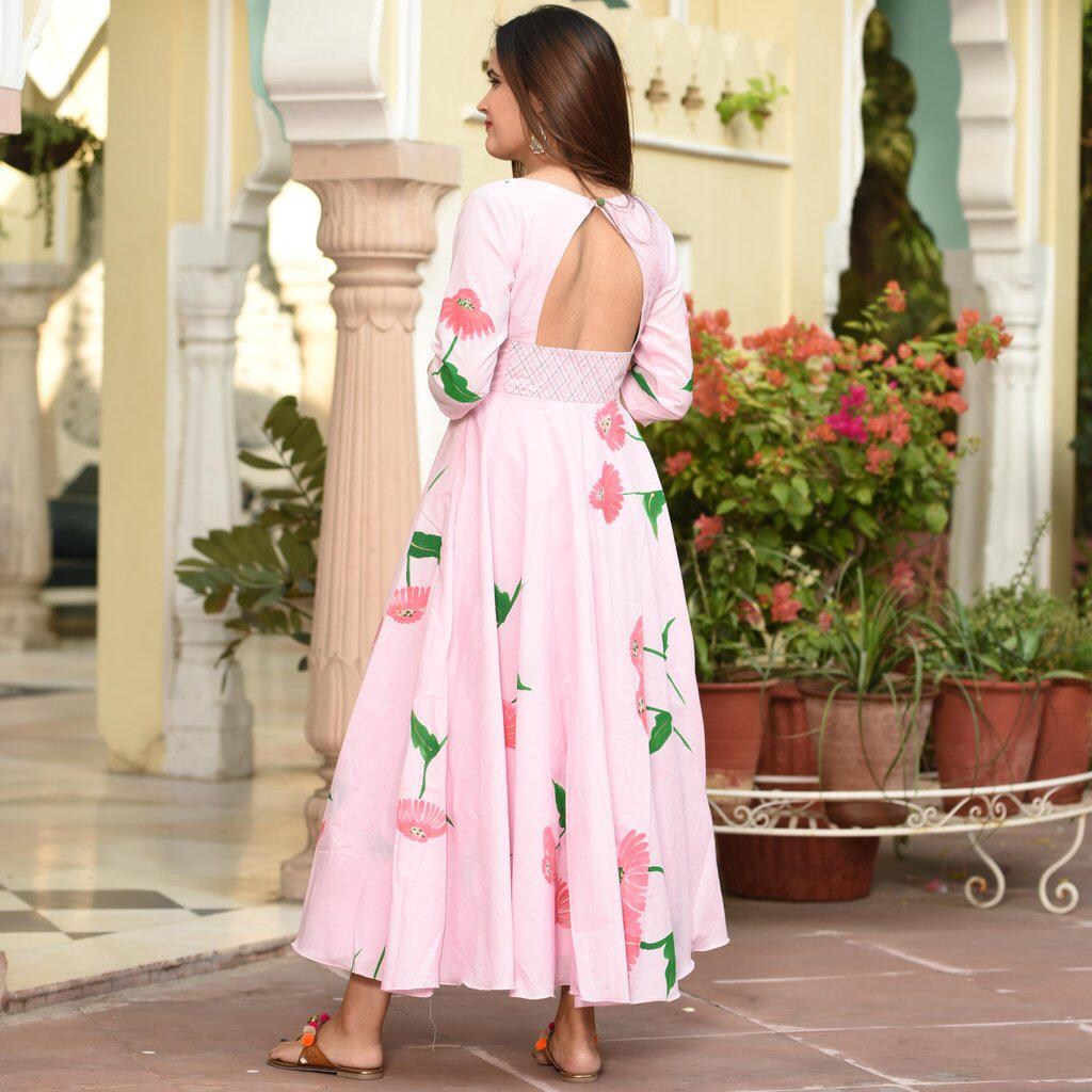 baby pink floral printed long kurti