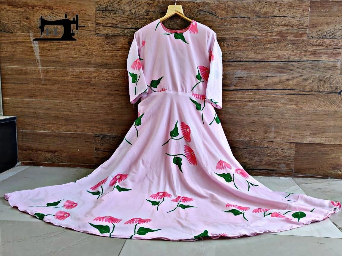 baby pink floral printed long kurti
