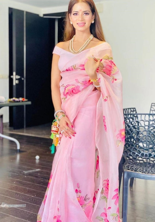 Baby pink floral printed organza saree