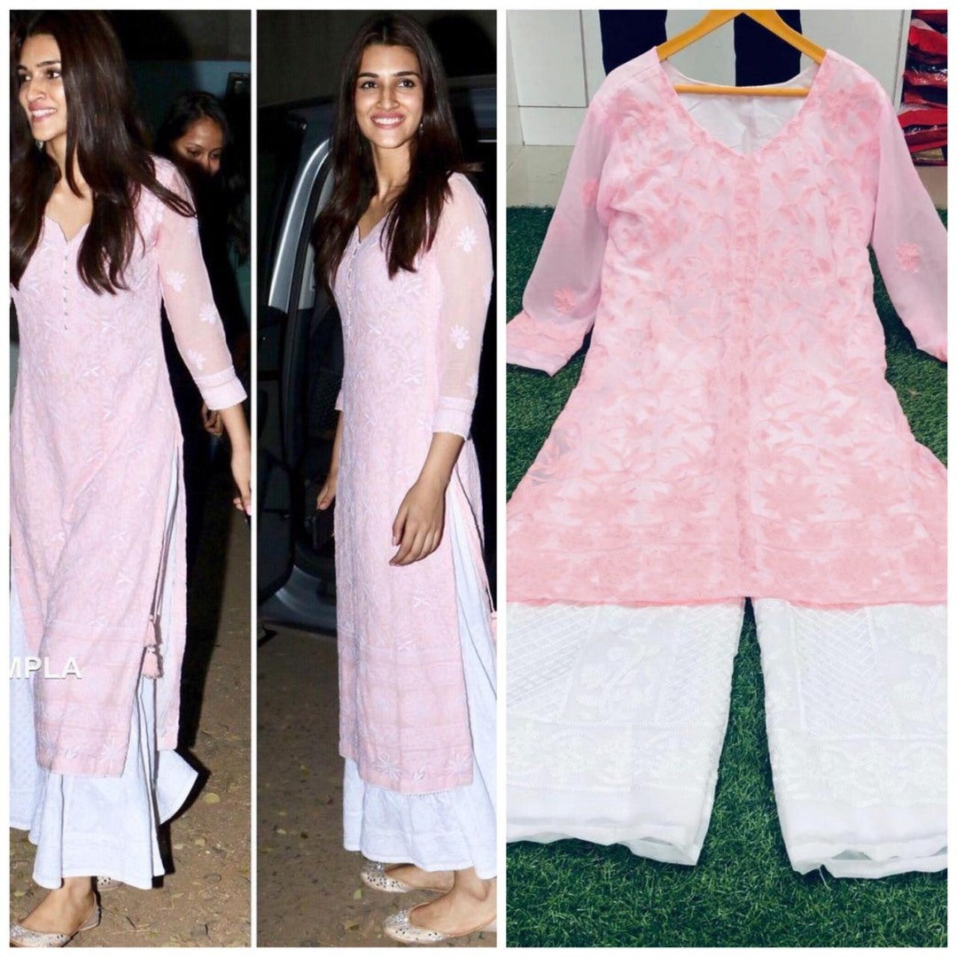 Baby pink georgette chainstitch embroidered plazzo kurti